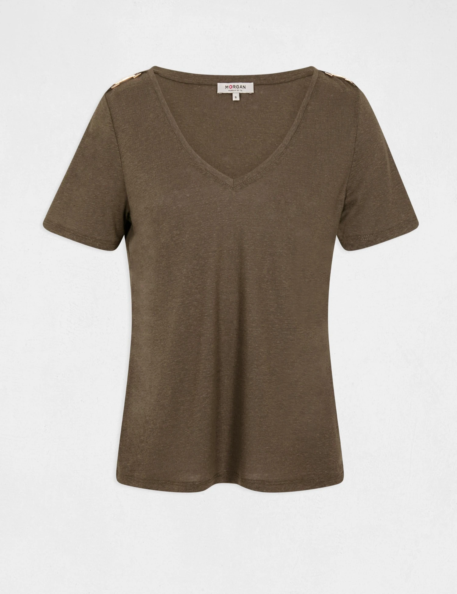 T-shirt Manches Courtes Avec Ornements Vert Kaki Femme 4 T-shirt Manches Courtes Avec Ornements Vert Kaki Femme – Image 4