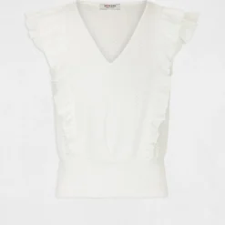 T-shirt Manches Courtes Brodé à Volants Ecru Femme -Morgandetoi Boutique t shirt manches courtes brode a volants ecru femme vue3 32536300967440201