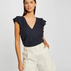 T-shirt Manches Courtes Brodé à Volants Marine Femme