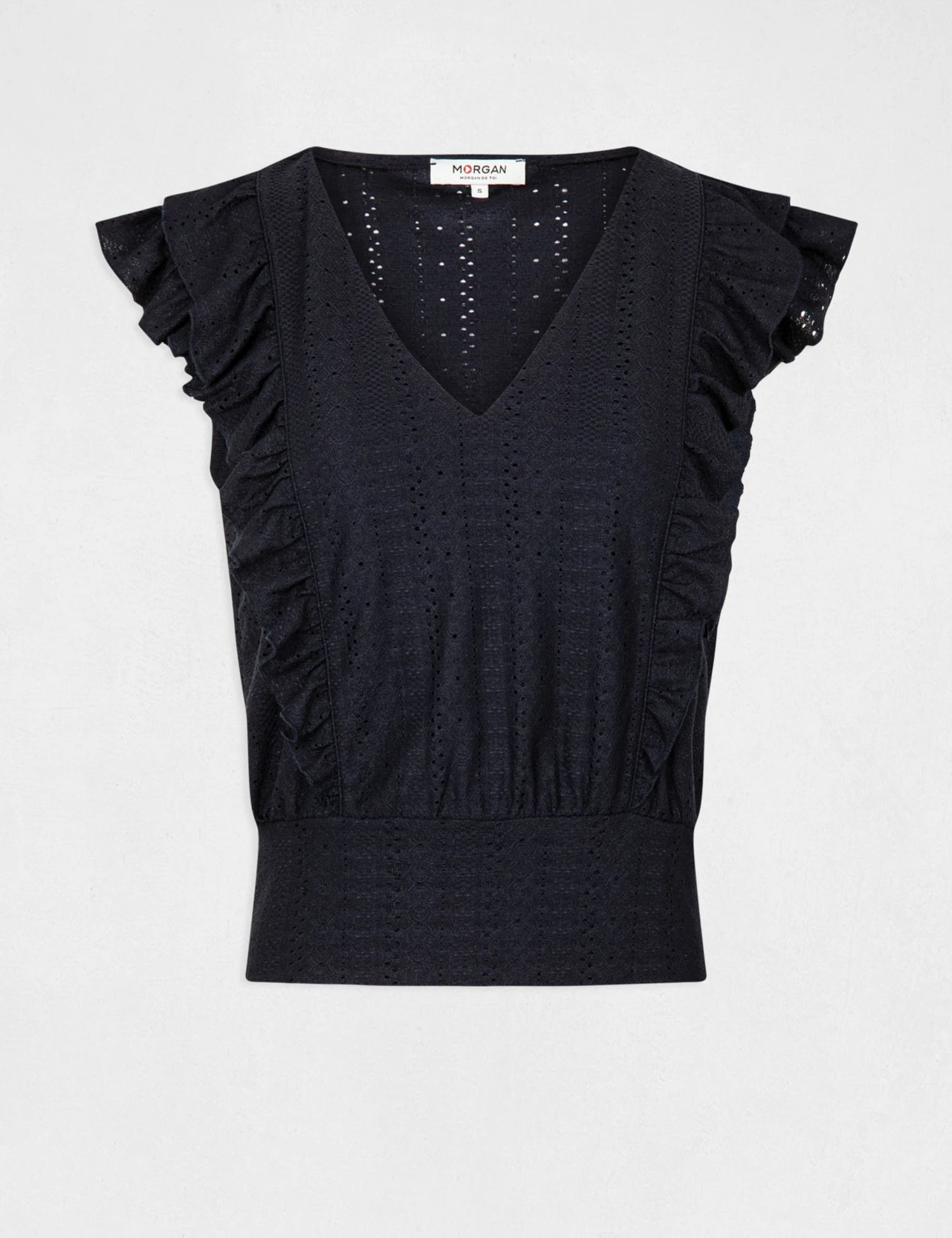 T-shirt Manches Courtes Brodé à Volants Marine Femme 4 T-shirt Manches Courtes Brodé à Volants Marine Femme – Image 4