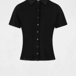 T-shirt Manches Courtes Col à Revers Noir Femme -Morgandetoi Boutique t shirt manches courtes col a revers noir femme vue3 32536300968980100