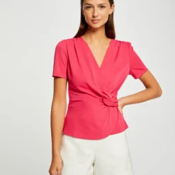 T-shirt Manches Courtes Col Cache-coeur Framboise Femme