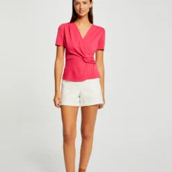 T-shirt Manches Courtes Col Cache-coeur Framboise Femme -Morgandetoi Boutique t shirt manches courtes col cache coeur framboise femme vue5 32536300962740502