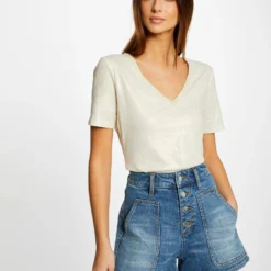 T-shirt Manches Courtes Col En V Ecru Femme