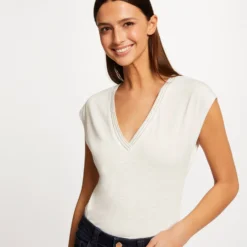 T-shirt Manches Courtes Col En V Ecru Femme