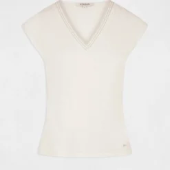 T-shirt Manches Courtes Col En V Ecru Femme -Morgandetoi Boutique t shirt manches courtes col en v ecru femme vue3 32536300941790201