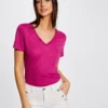 T-shirt Manches Courtes Col En V Framboise Femme