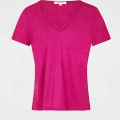 T-shirt Manches Courtes Col En V Framboise Femme -Morgandetoi Boutique t shirt manches courtes col en v framboise femme vue3 32536300941950502