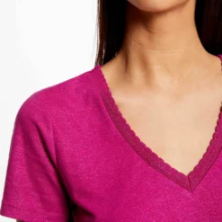 T-shirt Manches Courtes Col En V Framboise Femme -Morgandetoi Boutique t shirt manches courtes col en v framboise femme vue4 32536300941950502