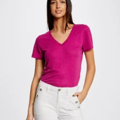 T-shirt Manches Courtes Col En V Framboise Femme -Morgandetoi Boutique t shirt manches courtes col en v framboise femme vue6 32536300941950502