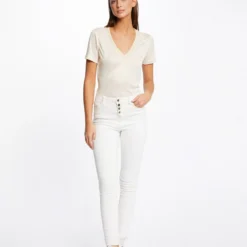 T-shirt Manches Courtes Col En V Ivoire Femme -Morgandetoi Boutique t shirt manches courtes col en v ivoire femme vue5 32536300928660203