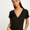 T-shirt Manches Courtes Col En V Noir Femme