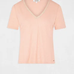 T-shirt Manches Courtes Col En V Rose Moyen Femme -Morgandetoi Boutique t shirt manches courtes col en v rose moyen femme vue3 32536300939110514