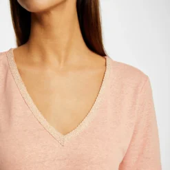 T-shirt Manches Courtes Col En V Rose Moyen Femme -Morgandetoi Boutique t shirt manches courtes col en v rose moyen femme vue4 32536300939110514