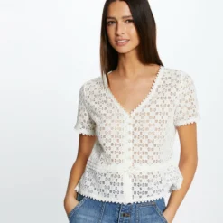 T-shirt Manches Courtes En Dentelle Ecru Femme -Morgandetoi Boutique t shirt manches courtes en dentelle ecru femme vue6 32536300939230201