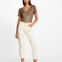 T-shirt Manches Courtes Fils Métallisés Vert Moyen Femme