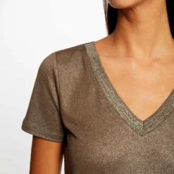 T-shirt Manches Courtes Fils Métallisés Vert Moyen Femme -Morgandetoi Boutique t shirt manches courtes fils metallises vert moyen femme vue4 32536300949210608