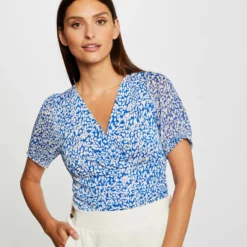 T-shirt Manches Courtes Imprimé Abstrait Bleu Femme