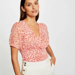 T-shirt Manches Courtes Imprimé Abstrait Orange Femme