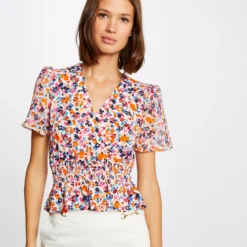 T-shirt Manches Courtes Imprimé Floral Ecru Femme