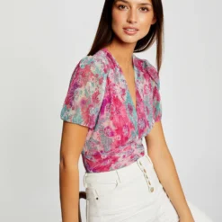 T-shirt Manches Courtes Imprimé Floral Rose Femme