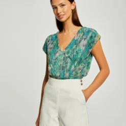 T-shirt Manches Courtes Imprimé Floral Vert Femme