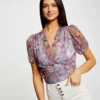 T-shirt Manches Courtes Imprimé Floral Violet Femme