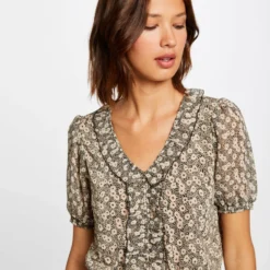 T-shirt Manches Courtes Imprimé Végétal Noir Femme