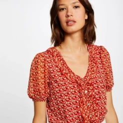 T-shirt Manches Courtes Imprimé Végétal Rouge Femme