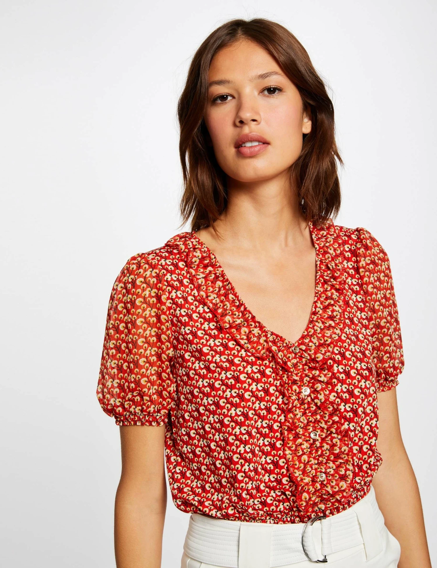 T-shirt Manches Courtes Imprimé Végétal Rouge Femme 1 T-shirt Manches Courtes Imprimé Végétal Rouge Femme