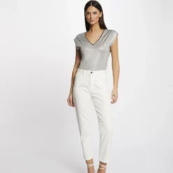 T-shirt Manches Courtes Métallisé Argente Femme -Morgandetoi Boutique t shirt manches courtes metallise argente femme vue5 32536300941820104