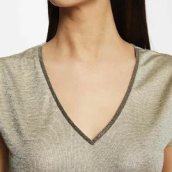 T-shirt Manches Courtes Métallisé Dore Femme -Morgandetoi Boutique t shirt manches courtes metallise dore femme vue4 32536300941820401