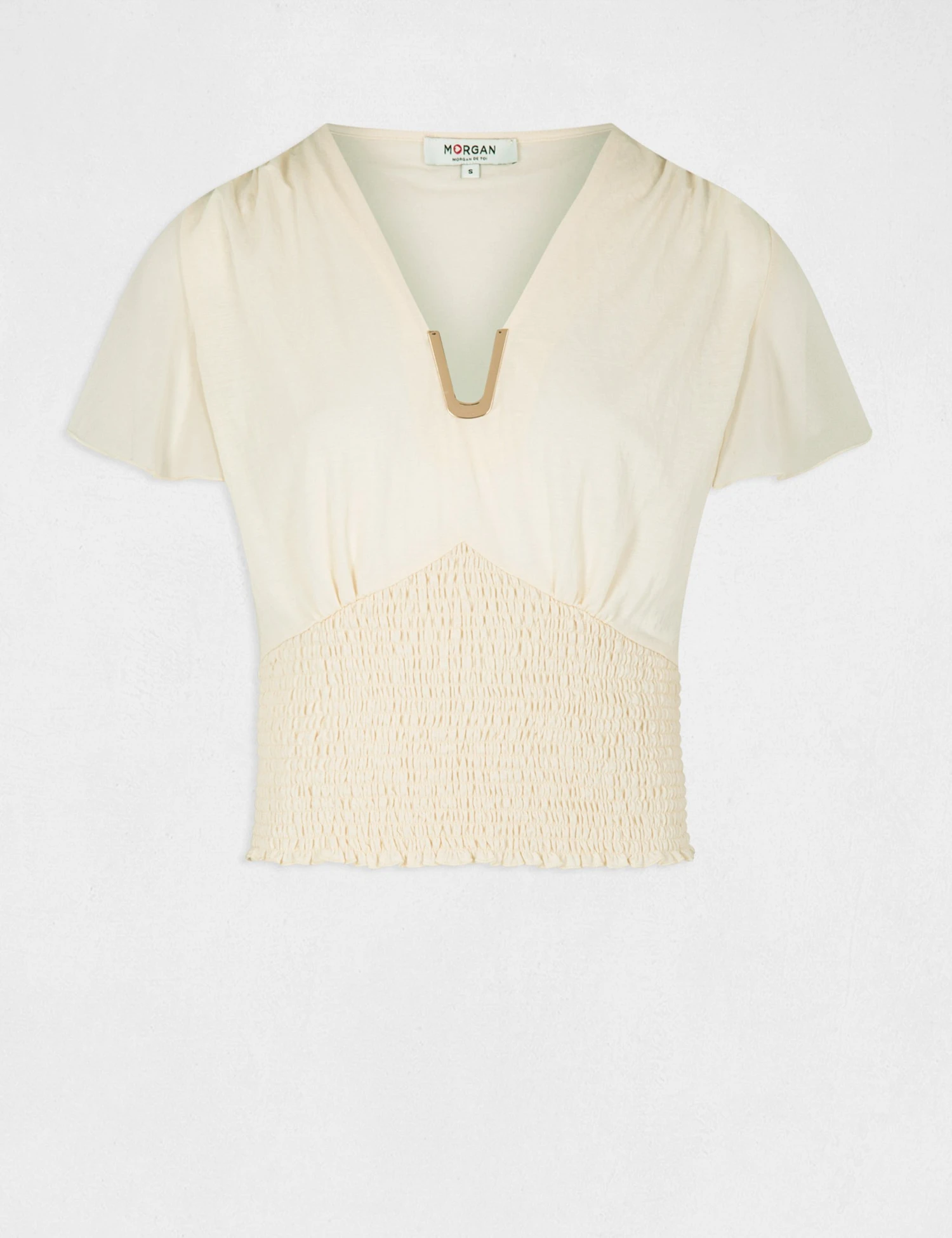 T-shirt Manches Courtes Smocké Ecru Moyen Femme 4 T-shirt Manches Courtes Smocké Ecru Moyen Femme – Image 4