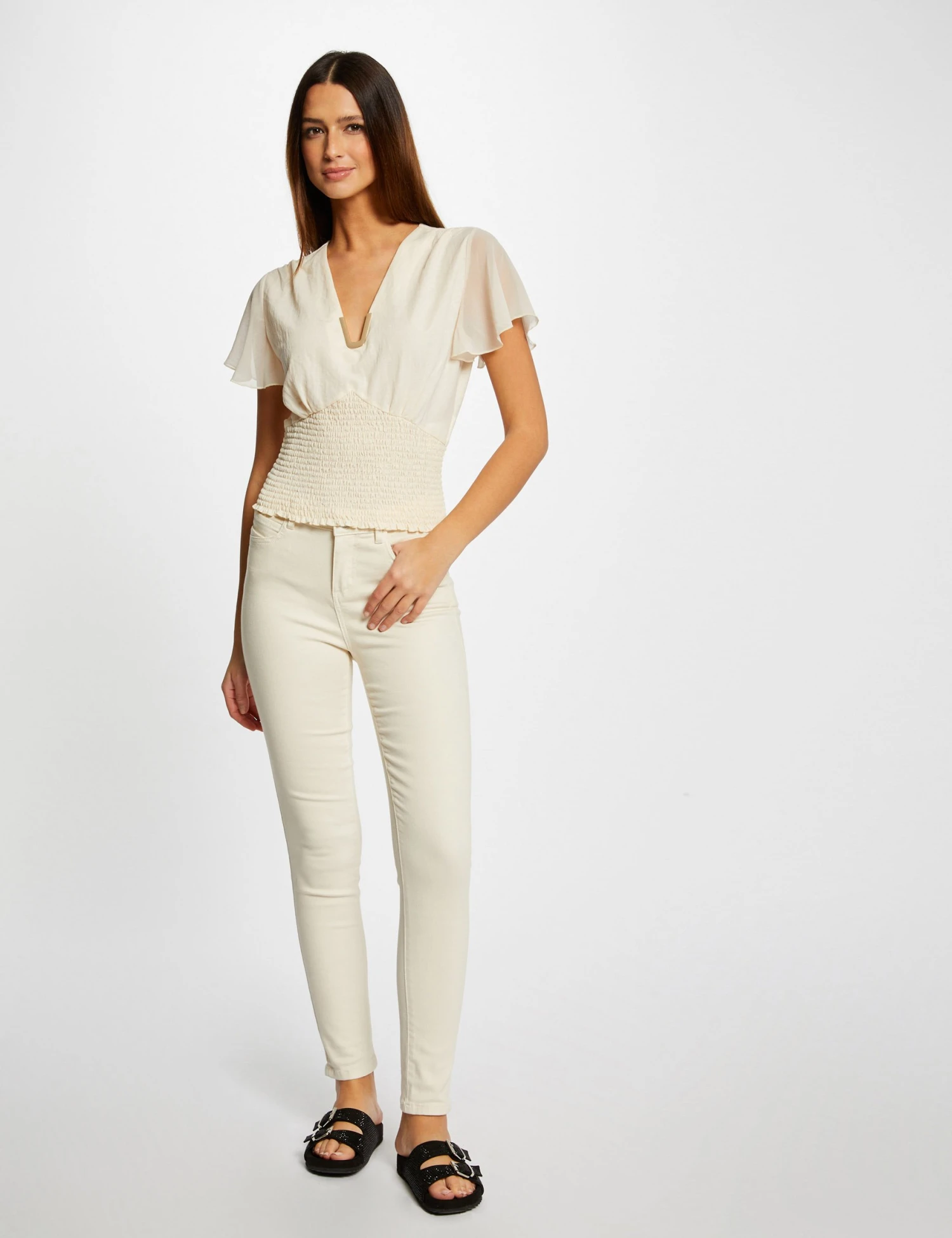 T-shirt Manches Courtes Smocké Ecru Moyen Femme 3 T-shirt Manches Courtes Smocké Ecru Moyen Femme – Image 3