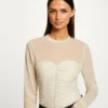 T-shirt Manches Longues à Fronces Ivoire Femme