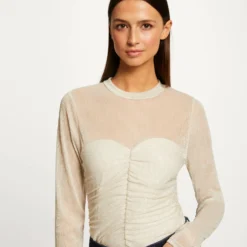 T-shirt Manches Longues à Fronces Ivoire Femme