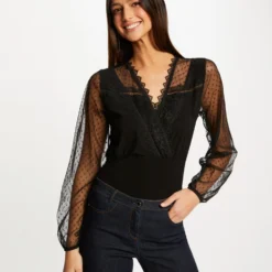 T-shirt Manches Longues à Plumetis Noir Femme