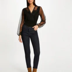 T-shirt Manches Longues à Plumetis Noir Femme -Morgandetoi Boutique t shirt manches longues a plumetis noir femme vue5 32536300947140100