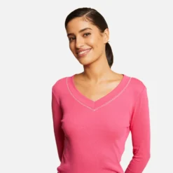 T-shirt Manches Longues Avec Col En V Fuchsia Femme