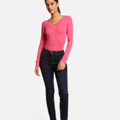 T-shirt Manches Longues Avec Col En V Fuchsia Femme -Morgandetoi Boutique t shirt manches longues avec col en v fuchsia femme vue5 32536300882830506