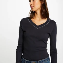 T-shirt Manches Longues Avec Col En V Marine Femme