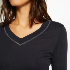 T-shirt Manches Longues Avec Col En V Marine Femme 9 T-shirt Manches Longues Avec Col En V Marine Femme -Morgandetoi Boutique t shirt manches longues avec col en v marine femme vue4 32536300882830301