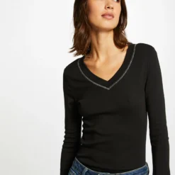 T-shirt Manches Longues Avec Col En V Noir Femme