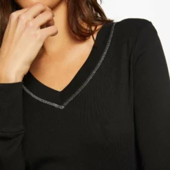 T-shirt Manches Longues Avec Col En V Noir Femme -Morgandetoi Boutique t shirt manches longues avec col en v noir femme vue4 32536300882830100