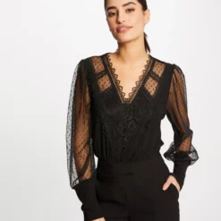 T-shirt Manches Longues Avec Plumetis Noir Femme