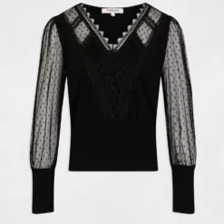 T-shirt Manches Longues Avec Plumetis Noir Femme -Morgandetoi Boutique t shirt manches longues avec plumetis noir femme vue3 32536300906440100