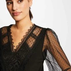 T-shirt Manches Longues Avec Plumetis Noir Femme -Morgandetoi Boutique t shirt manches longues avec plumetis noir femme vue4 32536300906440100