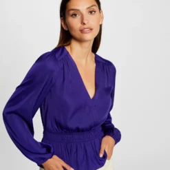 T-shirt Manches Longues Satin Bleu Moyen Femme