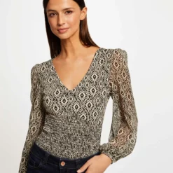 T-shirt Manches Longues Smocké Imprimé Multico Femme