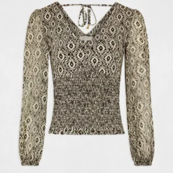 T-shirt Manches Longues Smocké Imprimé Multico Femme -Morgandetoi Boutique t shirt manches longues smocke imprime multico femme vue3 32536300947130900